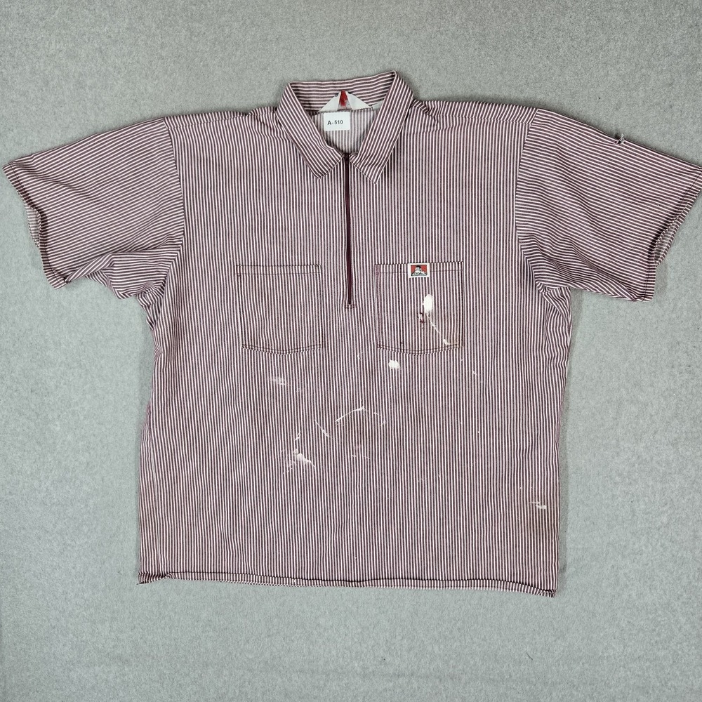 VINTAGE Ben Davis Men Button Up Shirt 2XL Red Striped Logo Short Sleeve READ